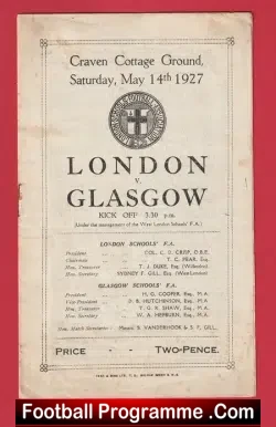 London v Glasgow 1927 - Craven Cottage Fulham 1920s - football programme