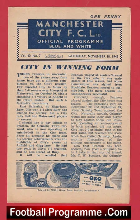 Manchester City v Bury 1945 – 1940s Old Football Programmes