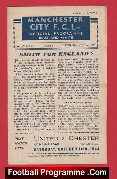 Manchester City v Crewe Alexandra 1944 – 1940s Programme