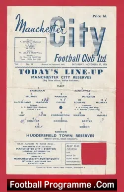 Manchester City v Huddersfield Town 1956 - Reserves - Denis Law - football programme