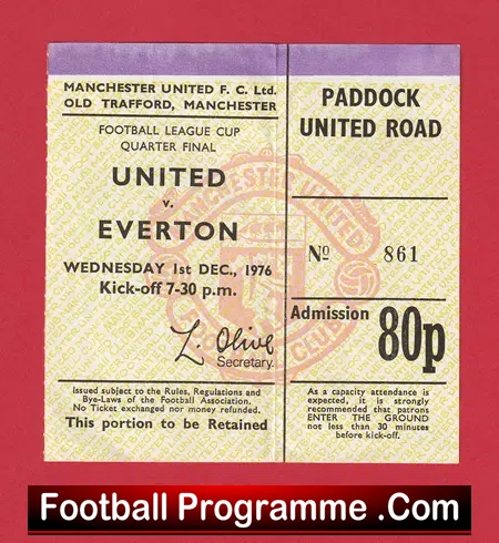 Manchester United v Everton 1976 - Cup Quarter Final Ticket