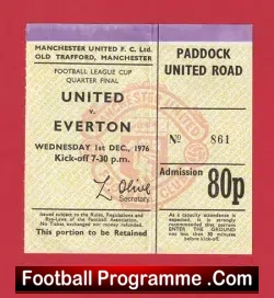 Manchester United v Everton 1976 - Cup Quarter Final Ticket - football memorabilia