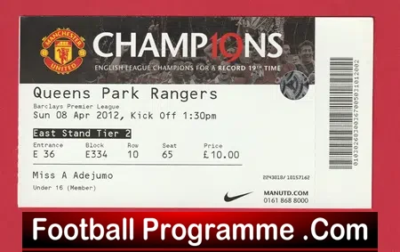 Manchester United v QPR 2012 - Match Ticket Man Utd - football memorabilia