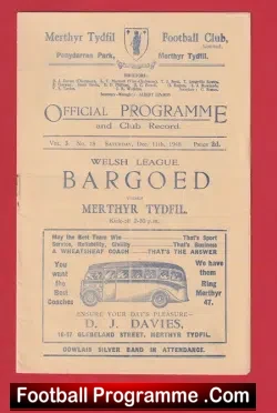 Merthyr Tydfil v Bargoed 1948 – Welsh Football Programme Wales