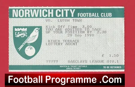 Norwich City v Luton Town 1990 – Football Match Ticket