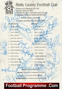 Notts County Football Club Multi Autographed SIGNED Team Sheet