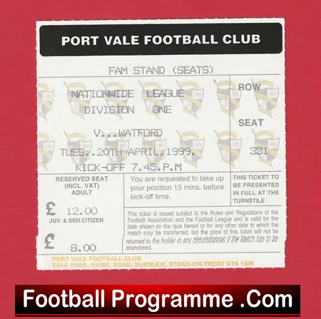 Port Vale v Watford 1999 – Football Match Ticket