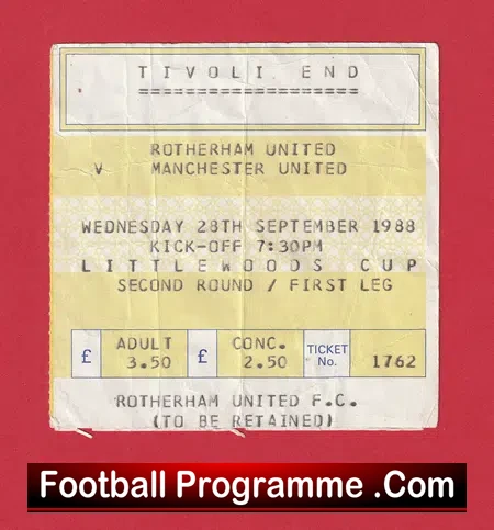Rotherham United v Manchester United 1988 – Match Ticket
