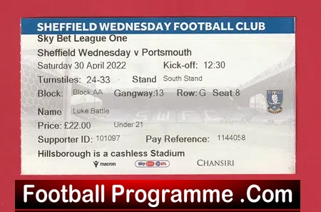 Sheffield Wednesday v Portsmouth 2022 – Football Match Ticket