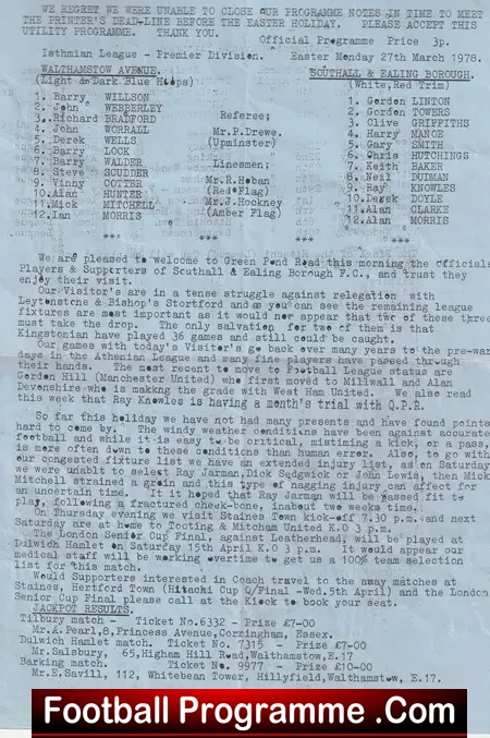 Walthamstow Avenue v Southall Ealing Borough 1978 - Isthmian