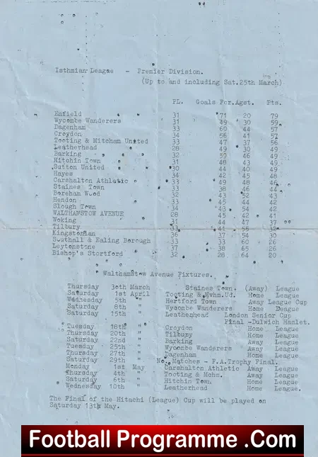 Walthamstow Avenue v Southall Ealing Borough 1978 - Isthmian