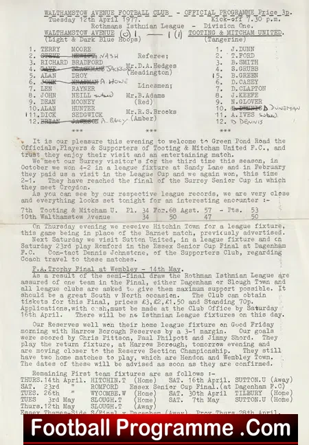 Walthamstow Avenue v Tooting Michham United 1977