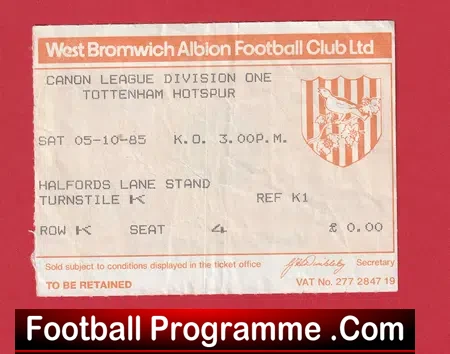West Bromwich Albion v Manchester United 1985 – Match Ticket