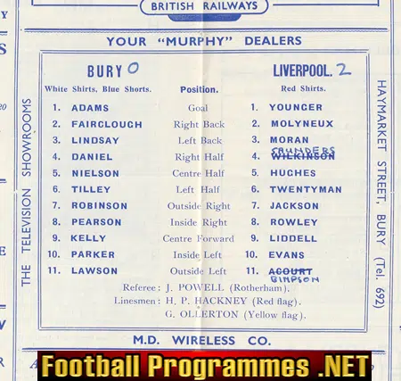 Bury v Liverpool 1956 - 1950s Match Programme