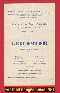 Bedford Rugby v Leicester 1948 – 1940’s Rugby Programmes