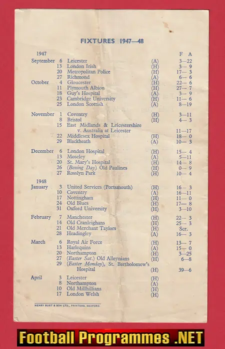 Bedford Rugby v Leicester 1948 - 1940's Rugby Programmes