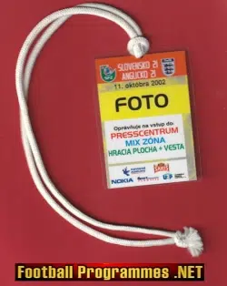 Slovakia v England 2002 - U21 Media Press Pass Lanyard Ticket