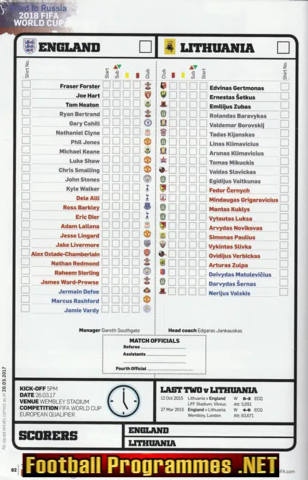 England v Lithuania 2017 - Multi Signed Autographed World Cup