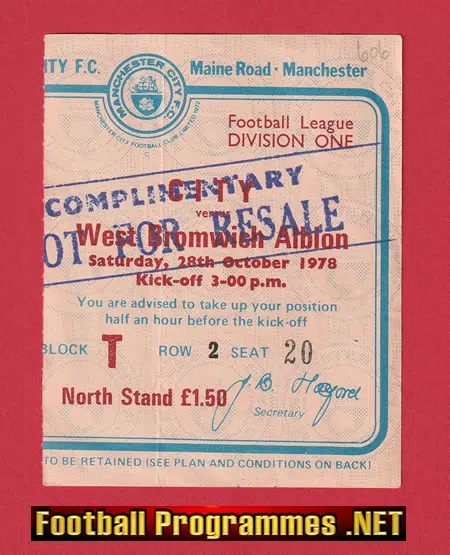 Manchester City v WBA 1978 – Football Ticket 1970s