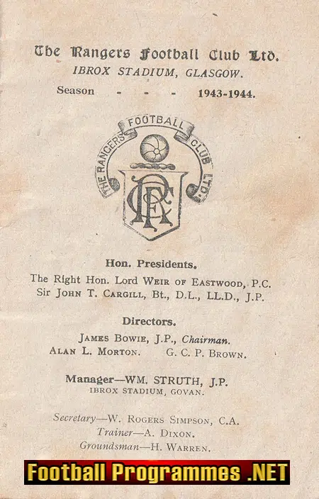 Glasgow Rangers Football Club Yearbook Handbook 1943 - 1944