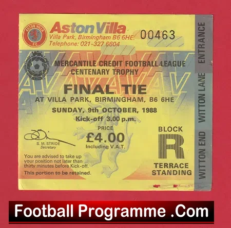 Arsenal v Manchester United 1988 – LC Final Ticket Villa Park
