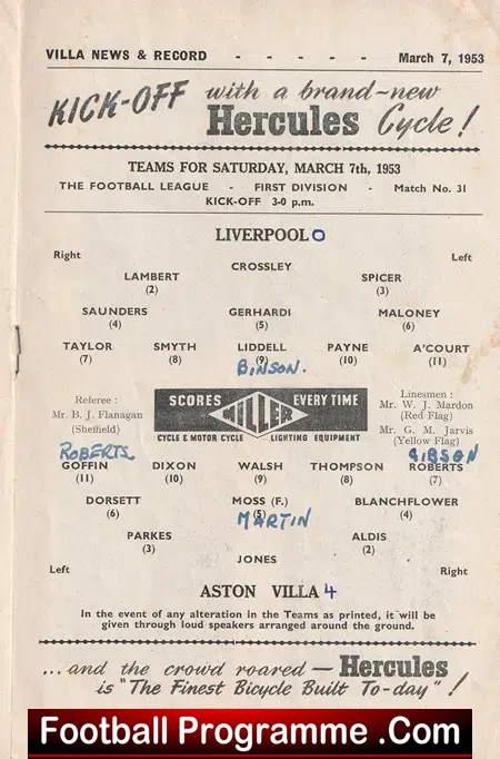 Aston Villa v Liverpool 1953 - 1950s Programme