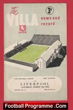 Aston Villa v Liverpool 1953 - 1950s  Programme - football programme