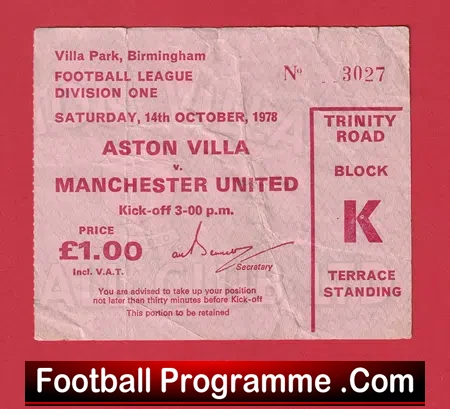 Aston Villa v Manchester United 1978 – Match Ticket