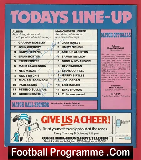 Brighton Hove Albion v Manchester United 1981 - SIGNED