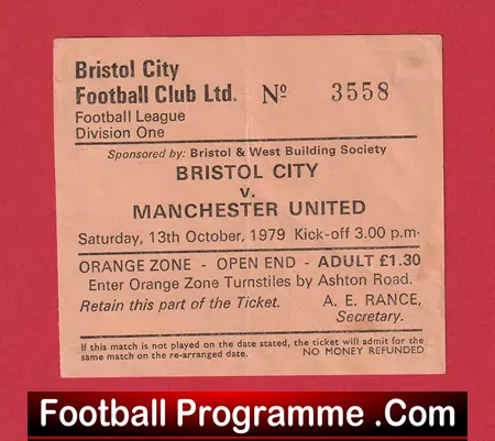 Bristol City v Manchester United 1979 – 1970s Football Ticket