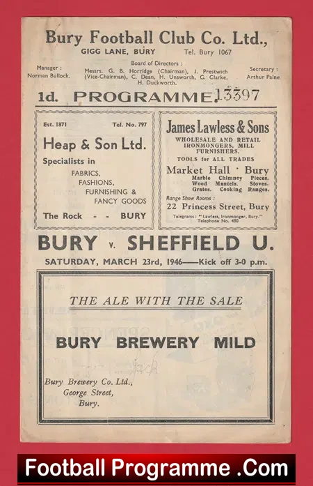Bury v Sheffield United 1946 – 1940’s Football Programme