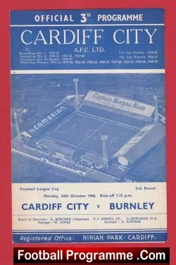 Cardiff City v Burnley 1960 - League Cup - First Season - football programme