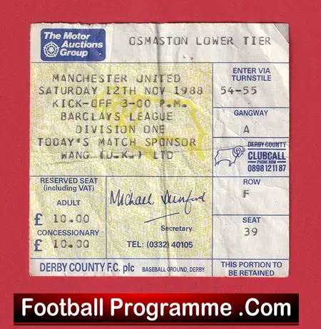 Derby County v Manchester United 1988 – Football Ticket