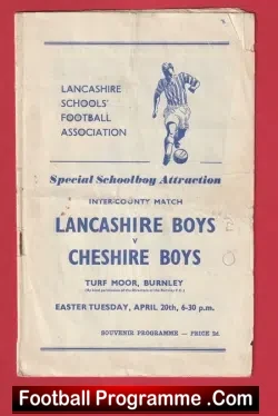 Lancashire v Cheshire Schoolboys 1950s - at Turf Moor Burnley - football programme