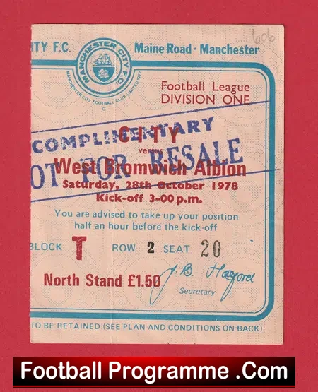 Manchester City v WBA 1978 – Football Ticket 1970s