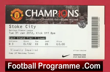 Manchester United v Stoke City 2012 - Match Ticket