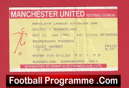 Manchester United v Sunderland 1991 - Football Ticket Man Utd