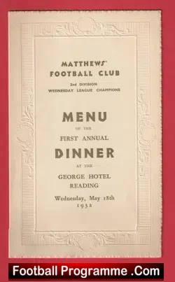 Matthews Football Club Menu Reading Multi SIGNED 1932 - football memorabilia