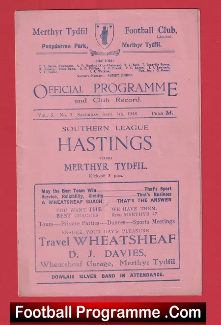 Merthyr Tydfil v Hastings 1948 – 1940s Programmes