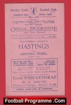 Merthyr Tydfil v Hastings 1948 – 1940s Programmes