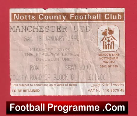 Notts County v Manchester United 1992 – Football Ticket