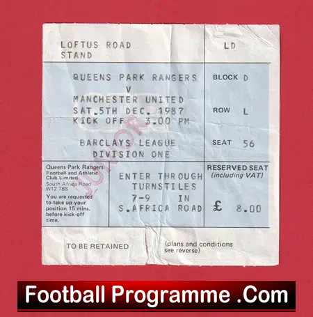 Queens Park Rangers v Manchester United 1987 – Football Ticket