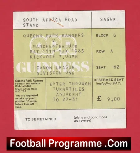 Queens Park Rangers v Manchester United 1985 – Football Ticket
