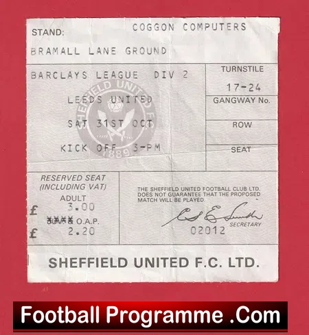 Sheffield United v Leeds United 1987 – Football Match Ticket