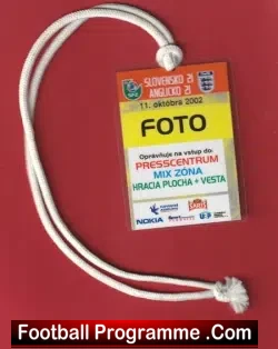 Slovakia v England 2002 – U21 Media Press Pass Lanyard Ticket
