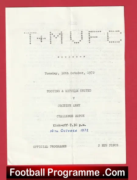 Tooting Mitcham United v The Army 1972 – Challenge Match