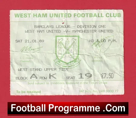 West Ham United v Manchester United 1989 – Match Ticket