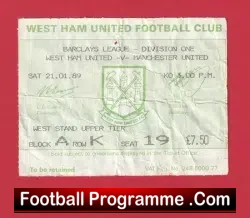 West Ham United v Manchester United 1989 – Match Ticket