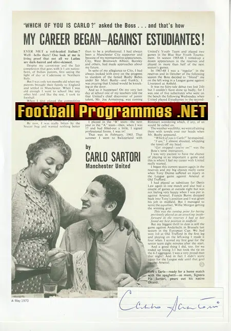 Manchester United Carlo Sartori Autograph Signed Man Utd 1960s