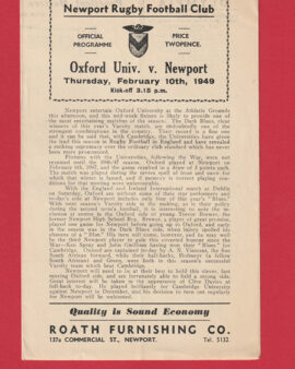 Newport Rugby v Oxford Uni 1949 – Official Rugby Programme 1940s